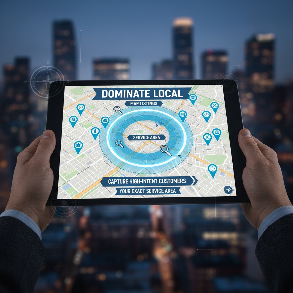 A person holds a tablet displaying a local map with service area targeting graphics against a blurred city skyline at dusk.