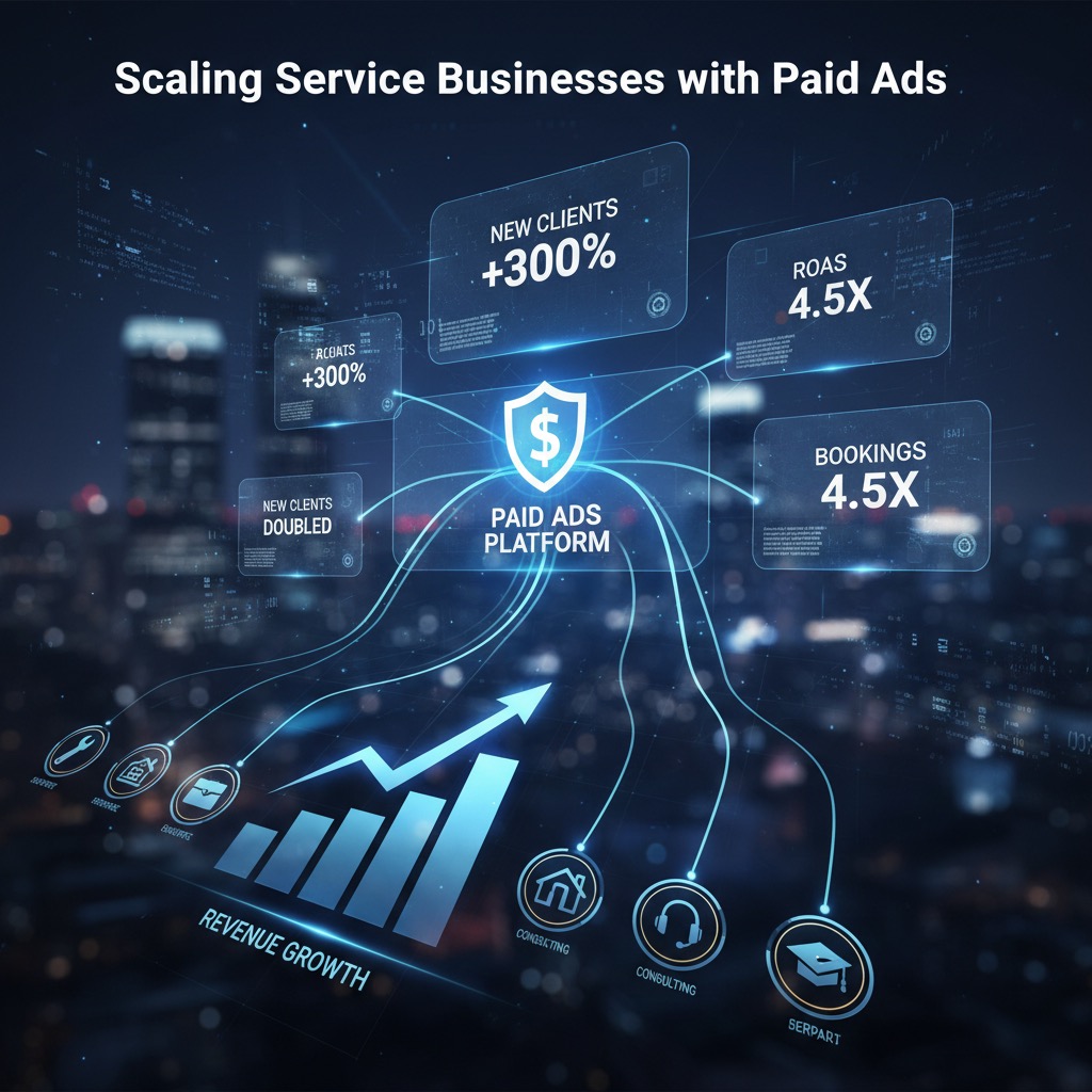 A digital graphic shows a paid ads platform with metrics like 300% more new clients and 4.5X ROAS over a blurred city background.